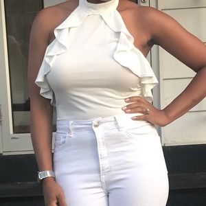 Off white bodysuit with ruffles and choker neck